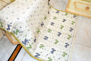 Traditional Hand Karat Work Cotton Jamdani Saree in Off White, Pistachio Green and Navy Blue