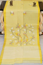 Hand Work Nakshi Butta Cotton Dhakai Jamdani Saree in Lime Yellow and Multicolored Thread Work