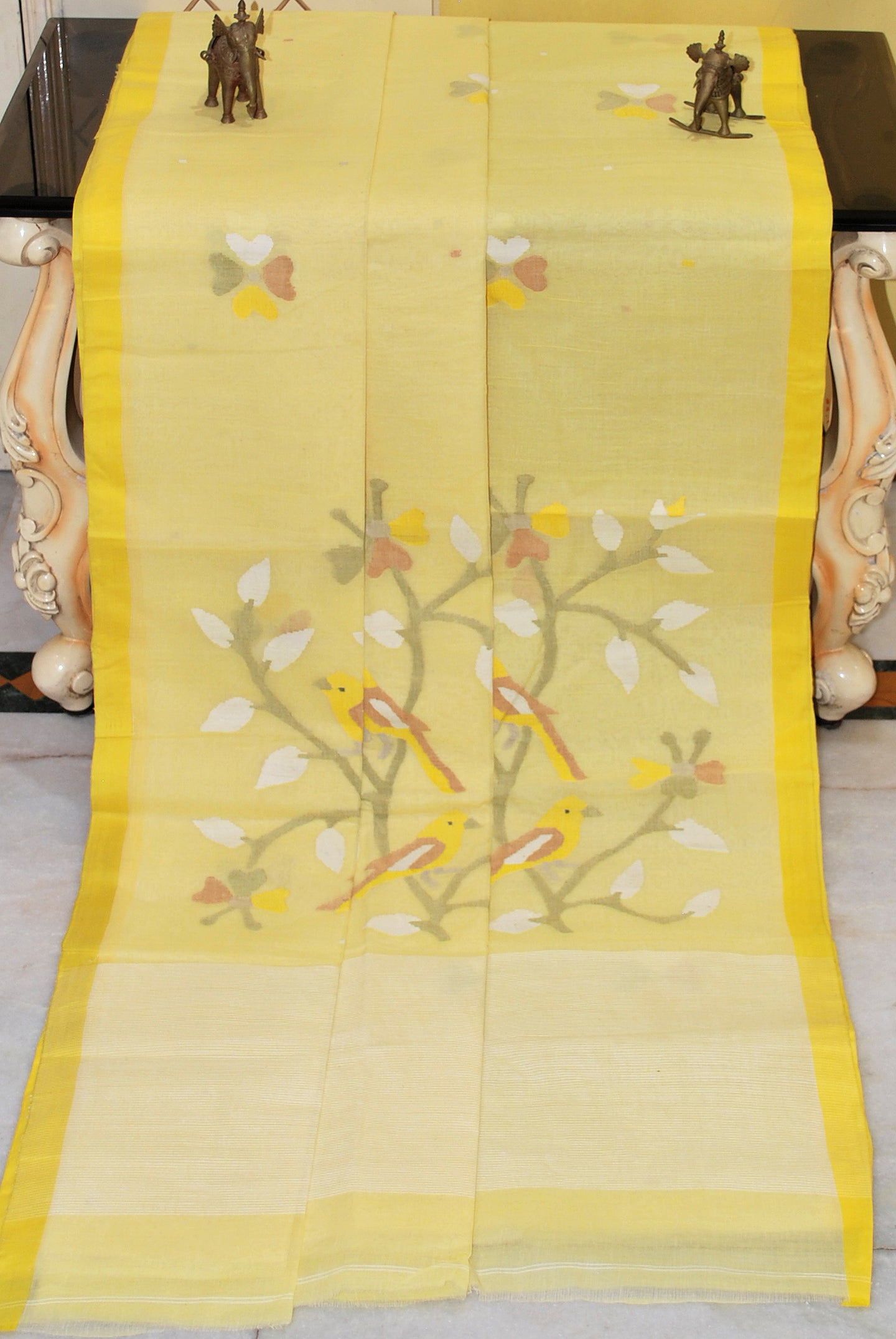 Hand Work Nakshi Butta Cotton Dhakai Jamdani Saree in Lime Yellow and Multicolored Thread Work