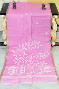 Hand Work Nakshi Butta Cotton Dhakai Jamdani Saree in Pink, Beige and White Thread Work