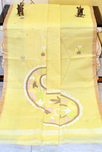 Hand Work Nakshi Butta Cotton Dhakai Jamdani Saree in Crayola Lemon Yellow and Multicolored Thread Work