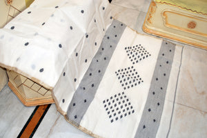 Rhombus Motif Pallu Hand Work Cotton Dhakai Jamdani Saree in Off White, Black and Muted Gold