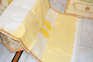 Hand Work Cotton Dhakai Jamdani Saree in White, Yellow and Muted Gold