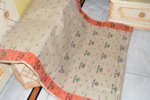 Traditional Hand Karat Work Cotton Jamdani Saree in Khaki, Orange and Multicolored Thread Work