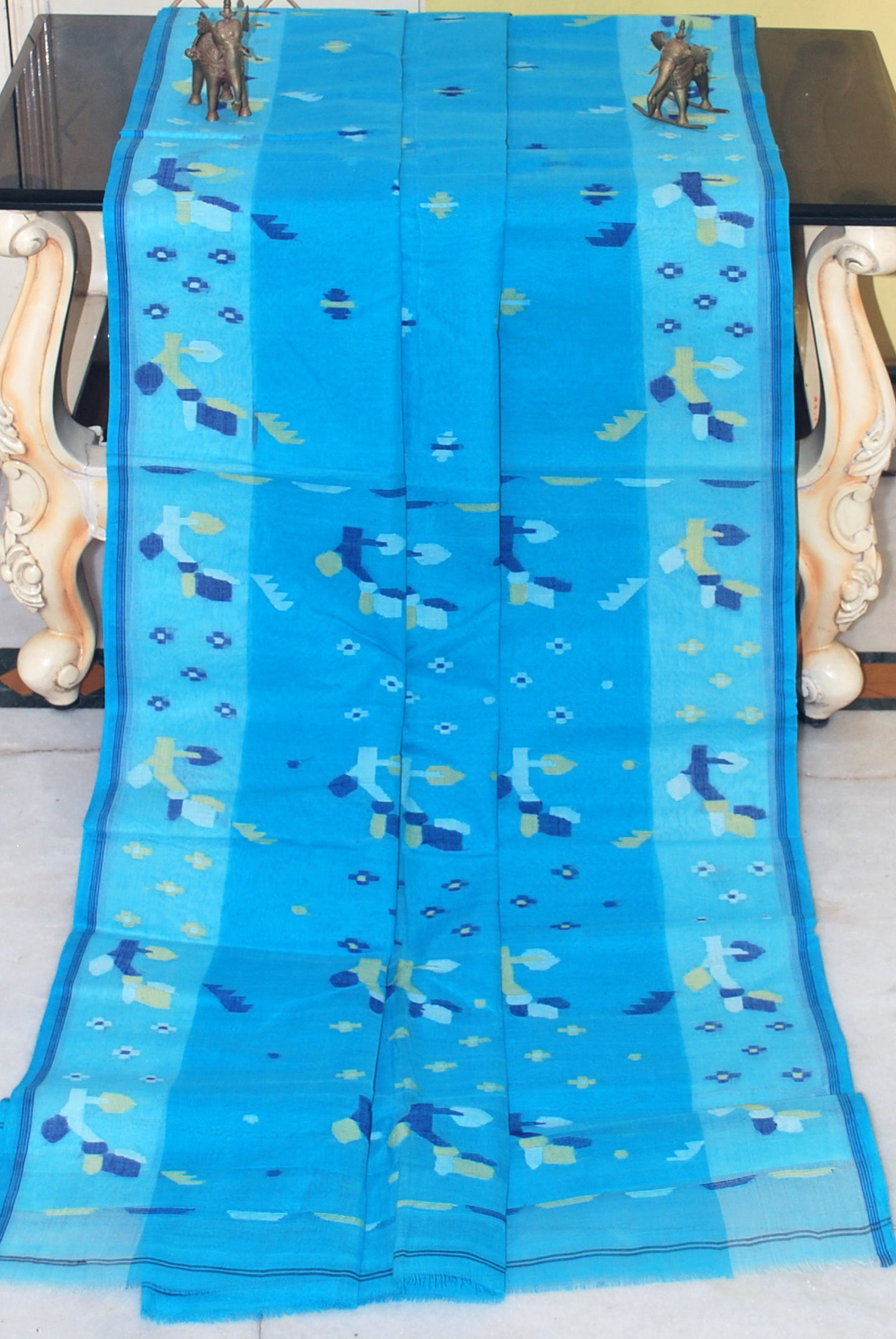 Traditional Hand Karat Work Cotton Jamdani Saree in Blue, Navy Blue and Beige Thread Work