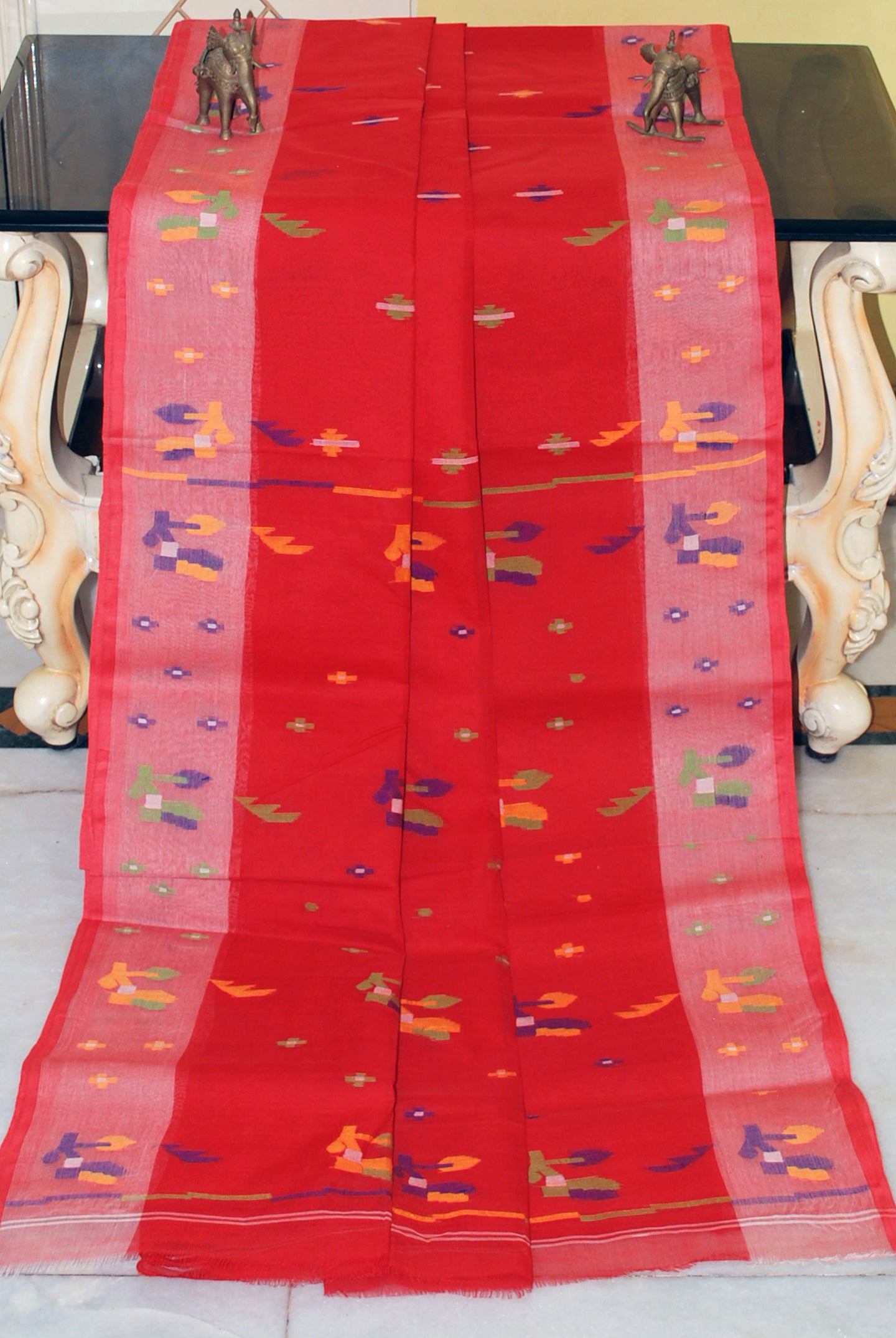 Traditional Hand Karat Work Cotton Jamdani Saree in Red and Multicolored Thread Work