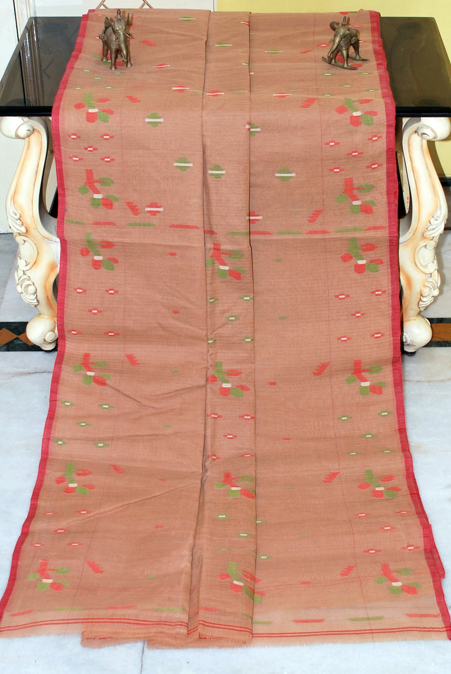 Traditional Hand Karat Work Cotton Jamdani Saree in Antique Brass and Multicolored Thread Work