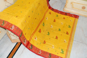 Traditional Hand Work Cotton Dhakai Jamdani Saree in Yellow, Red, Green and Off White