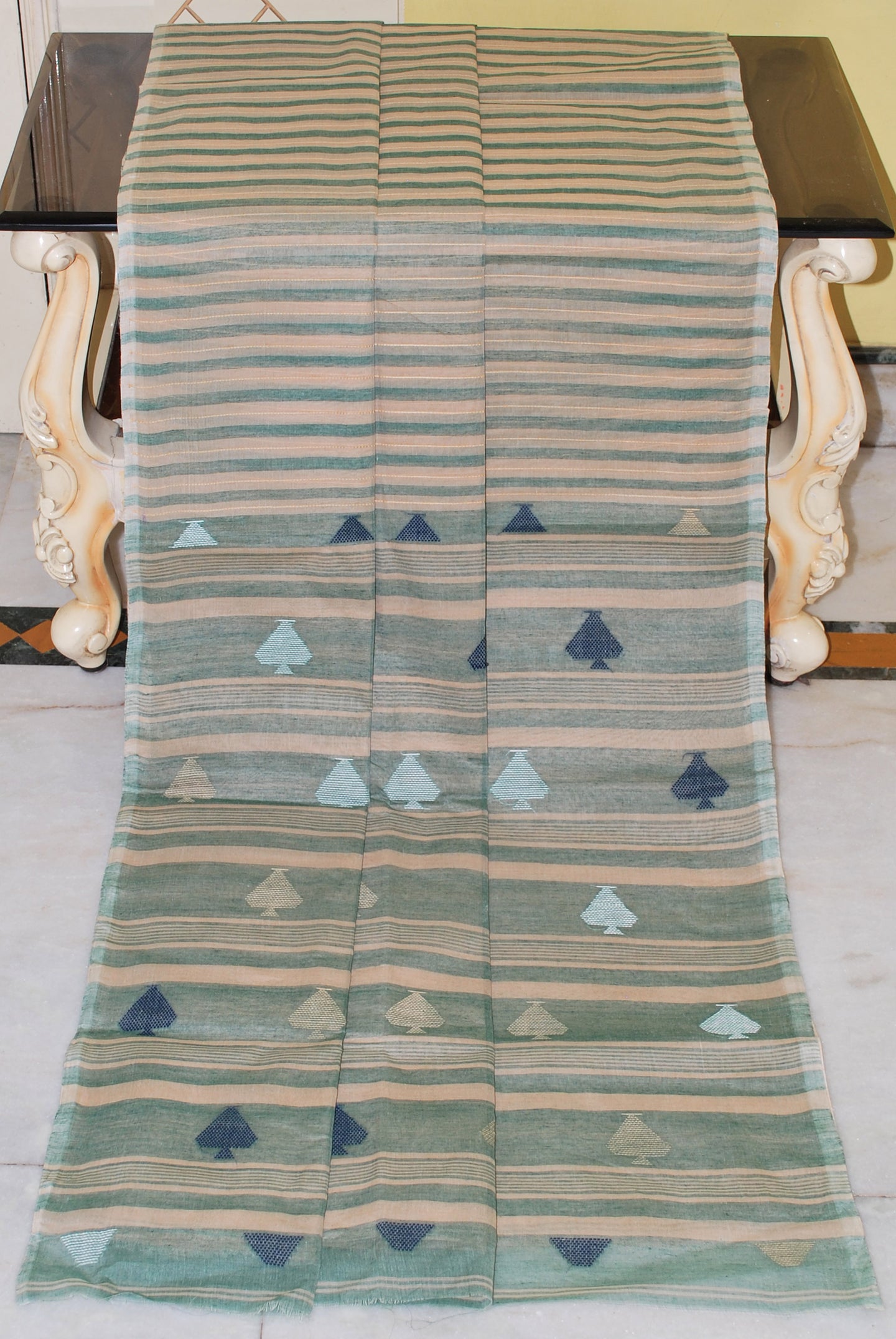 Horizontal Stripes Chainstitch Thread Work with Spade Nakshi  Motif Cotton Jamdani Saree in Beige, Green, Off White and Black