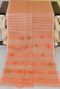 Horizontal Stripes Chainstitch Work Thread with Spade Nakshi Motif Cotton Jamdani Saree in Beige, Orange, Olive Green and Biscotti