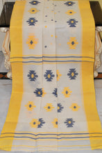 Traditional Hand Work Pure Cotton Bengal Jamdani Saree in Off White, Yellow and Black