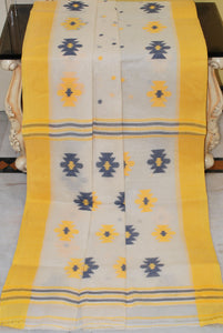Traditional Hand Work Pure Cotton Bengal Jamdani Saree in Off White, Yellow and Black