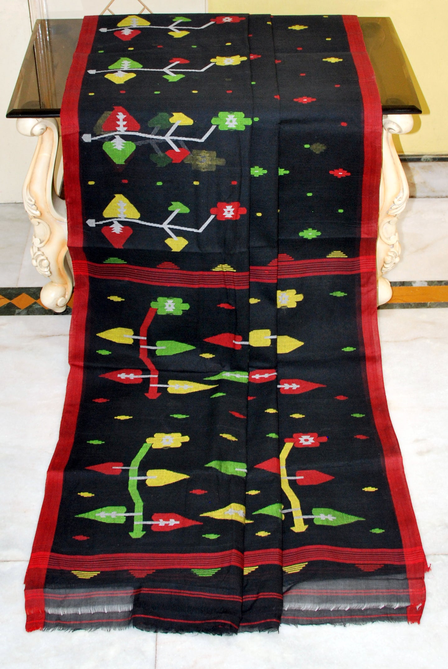 Hand Woven Skirt Nakshi Work Cotton Dhakai Jamdani Saree in Black, Red and Multicolored