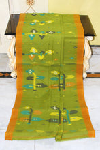 Hand Woven Skirt Nakshi Work Cotton Dhakai Jamdani Saree in Olive Green, Golden Mustard and Multicolored