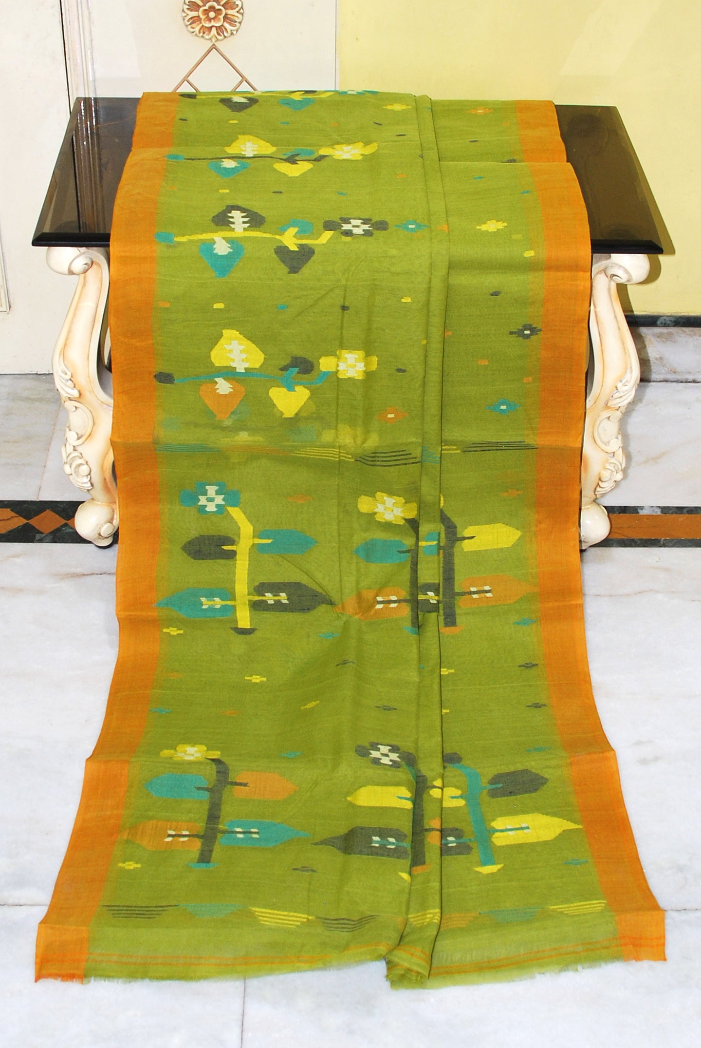 Hand Woven Skirt Nakshi Work Cotton Dhakai Jamdani Saree in Olive Green, Golden Mustard and Multicolored