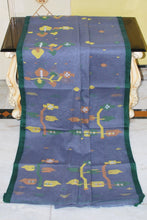 Hand Woven Skirt Nakshi Work Cotton Dhakai Jamdani Saree in Slate Grey, Deep Bottle Green and Multicolored
