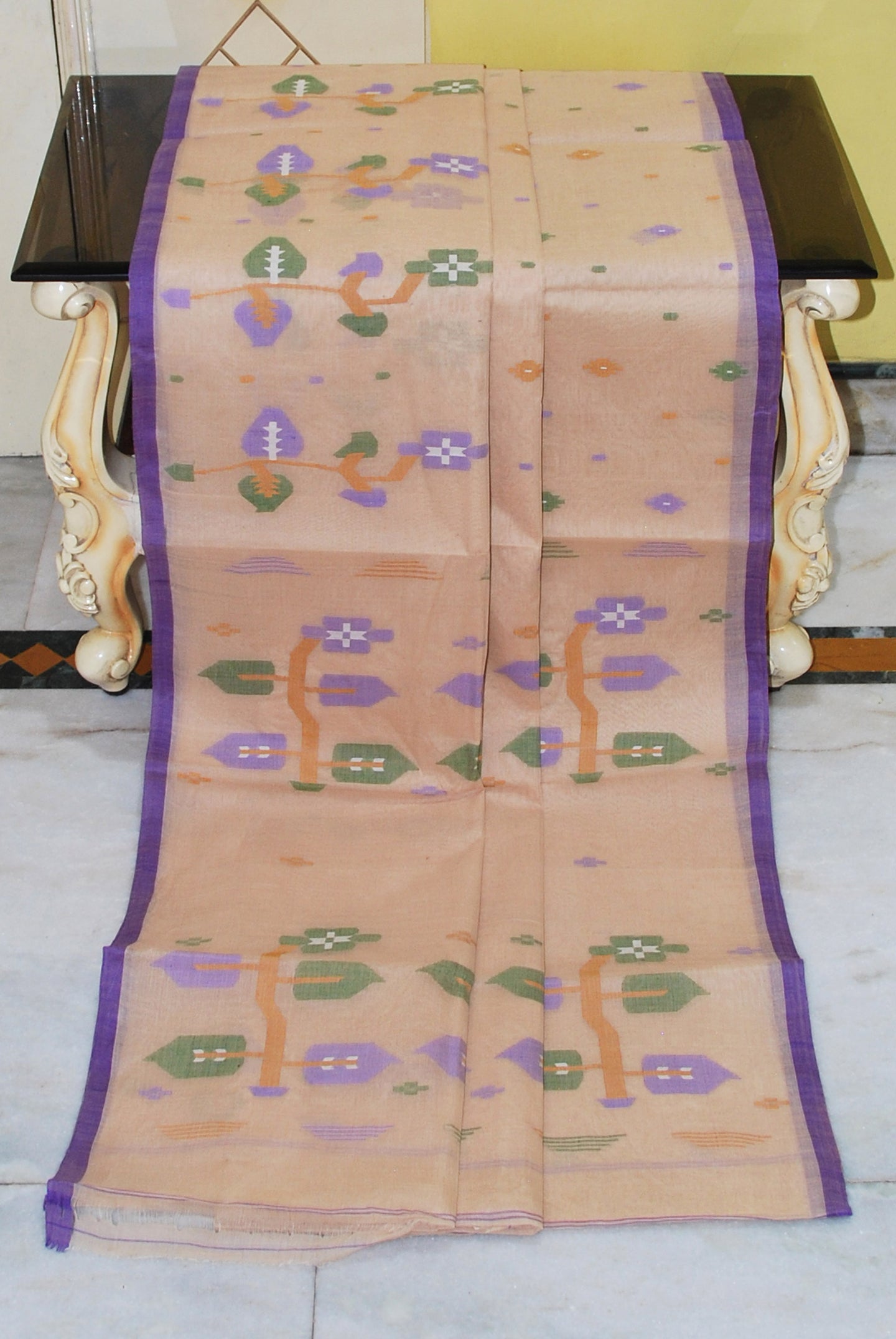 Hand Woven Skirt Nakshi Work Cotton Dhakai Jamdani Saree in Beige, Purple, Green and Off White