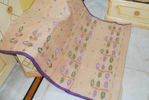 Hand Woven Skirt Nakshi Work Cotton Dhakai Jamdani Saree in Beige, Purple, Green and Off White