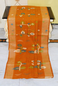 Hand Woven Skirt Nakshi Work Cotton Dhakai Jamdani Saree in Dark Amber and Multicolored