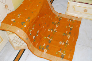 Hand Woven Skirt Nakshi Work Cotton Dhakai Jamdani Saree in Dark Amber and Multicolored