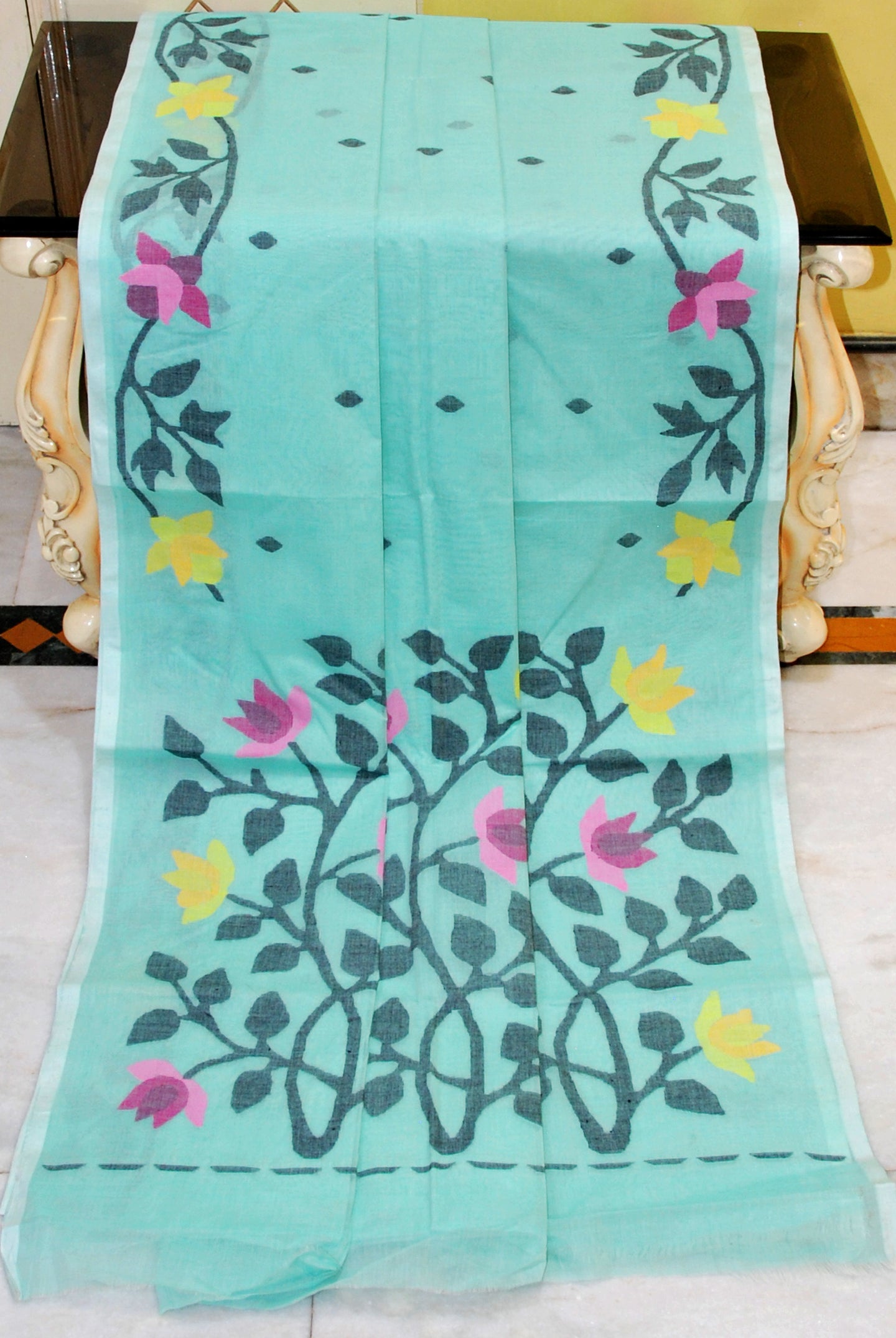 Tilfi Handwoven Work Cotton Dhakai Jamdani Saree in Light Turquoise, Black and Multicolored Thread Work