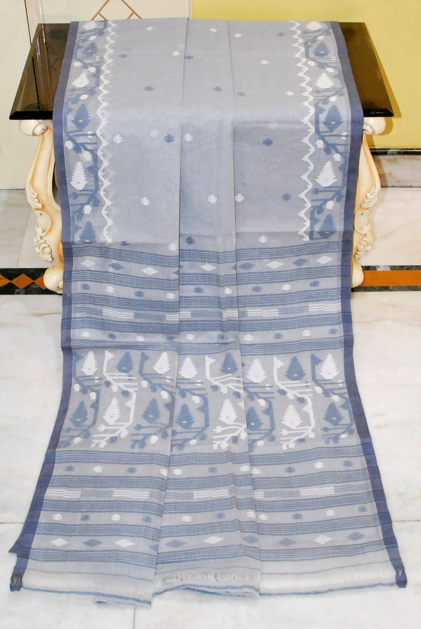 Hand Karat Needle Woven Work Pure Cotton Bengal Jamdani Saree in Smoke Grey and Off White with Dark Grey Selvage
