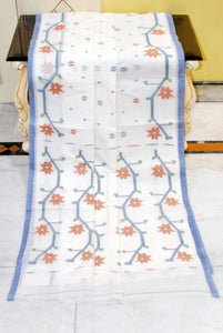 Hand Woven Cotton Dhakai Jamdani Saree in White, Bluish Grey, Brown and Green
