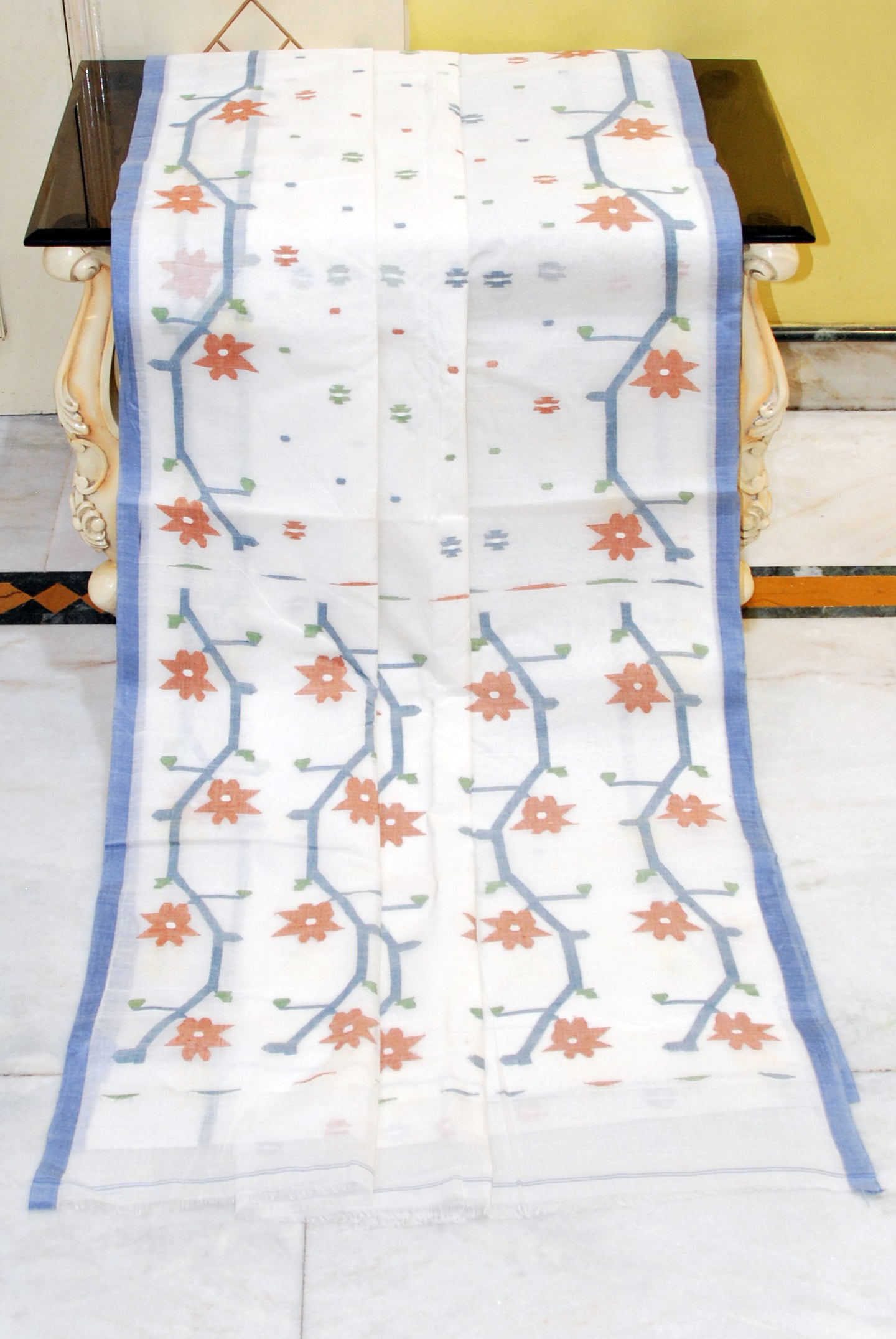 Hand Woven Cotton Dhakai Jamdani Saree in White, Bluish Grey, Brown and Green
