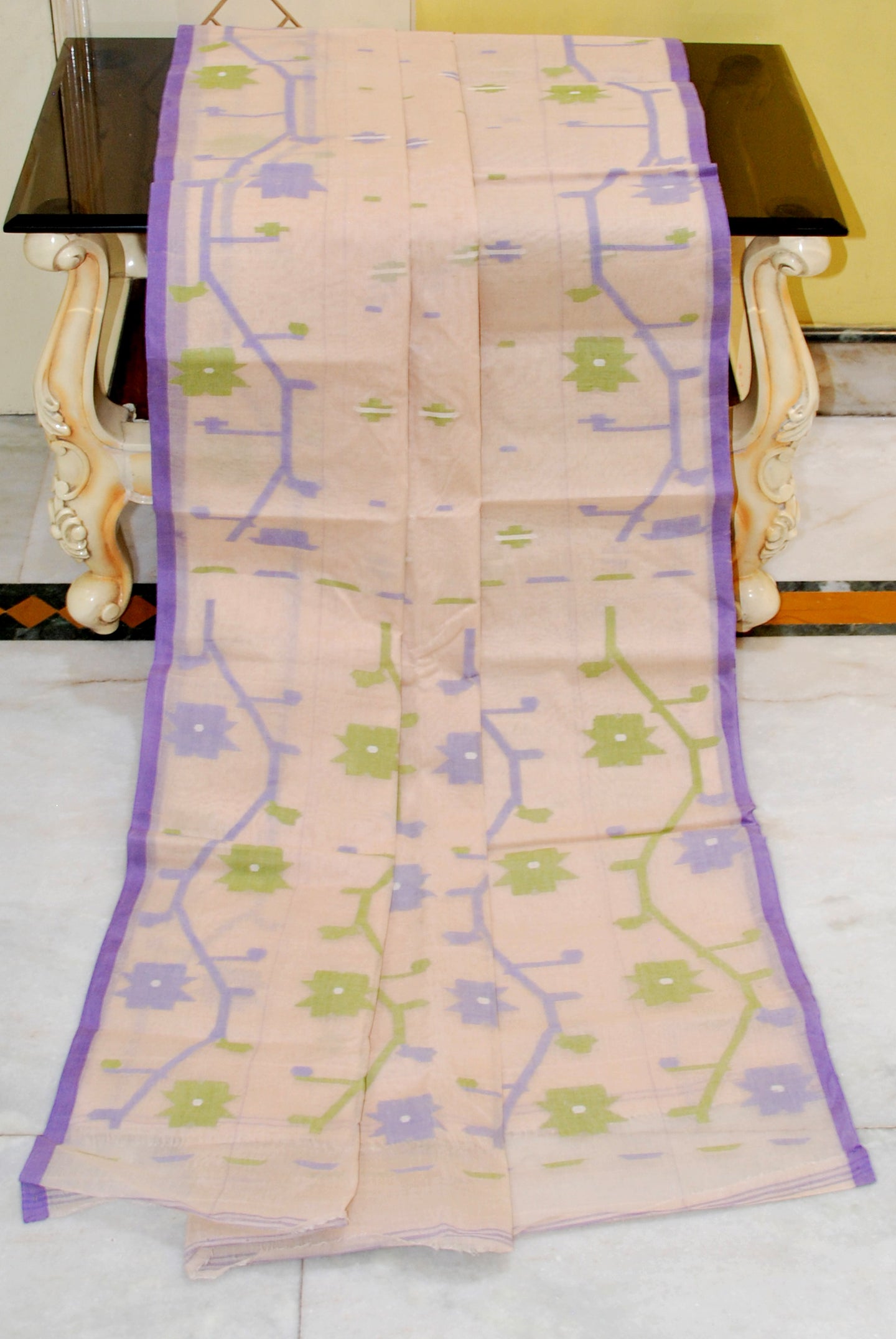 Hand Woven Cotton Dhakai Jamdani Saree in Beige, Purple and Olive Green