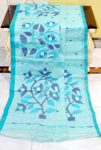 Nakshi Hand Work Jamdani Saree in Turquoise, Black, Cerulean Blue and Off White Thread Work