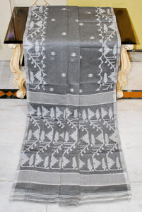 Hand Karat Needle Woven Work Pure Cotton Bengal Jamdani Saree in Lead Grey and Off White