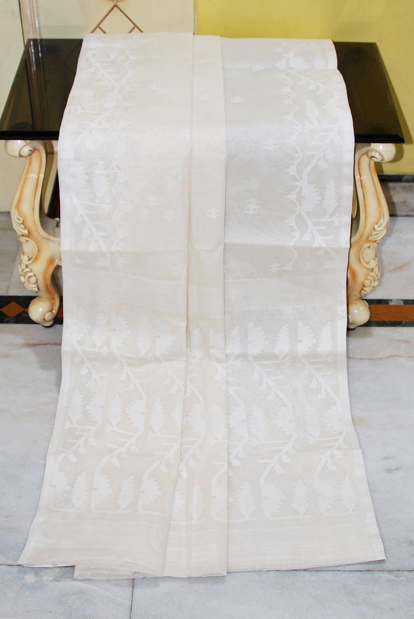 Hand Karat Needle Woven Work Pure Cotton Bengal Jamdani Saree in Off White and White
