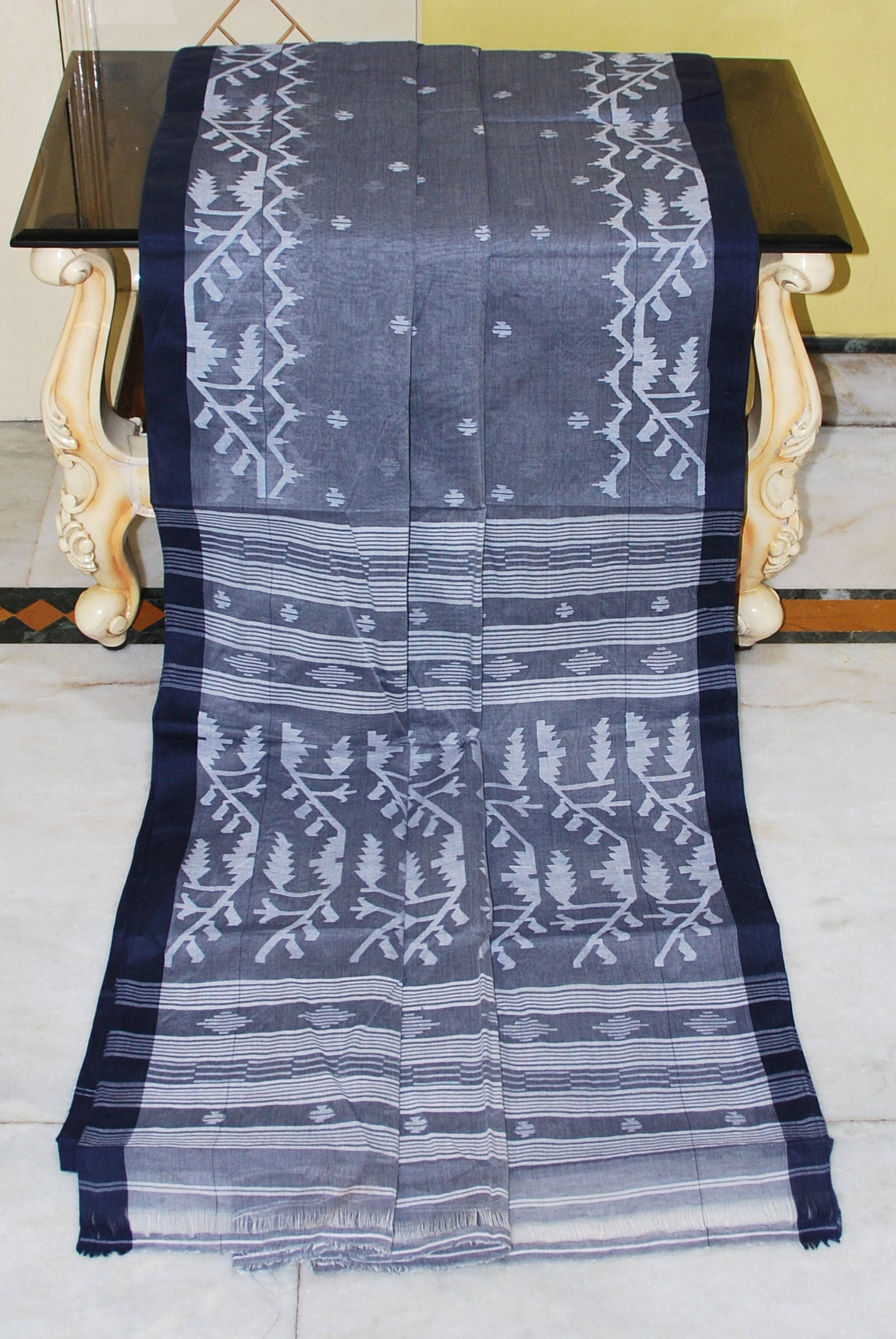 Hand Karat Needle Woven Work Pure Cotton Bengal Jamdani Saree in Steel Grey and Off White with Midnight Blue Selvage