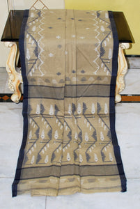 Hand Karat Needle Woven Work Pure Cotton Bengal Jamdani Saree in Beige and Off White with Black Selvage