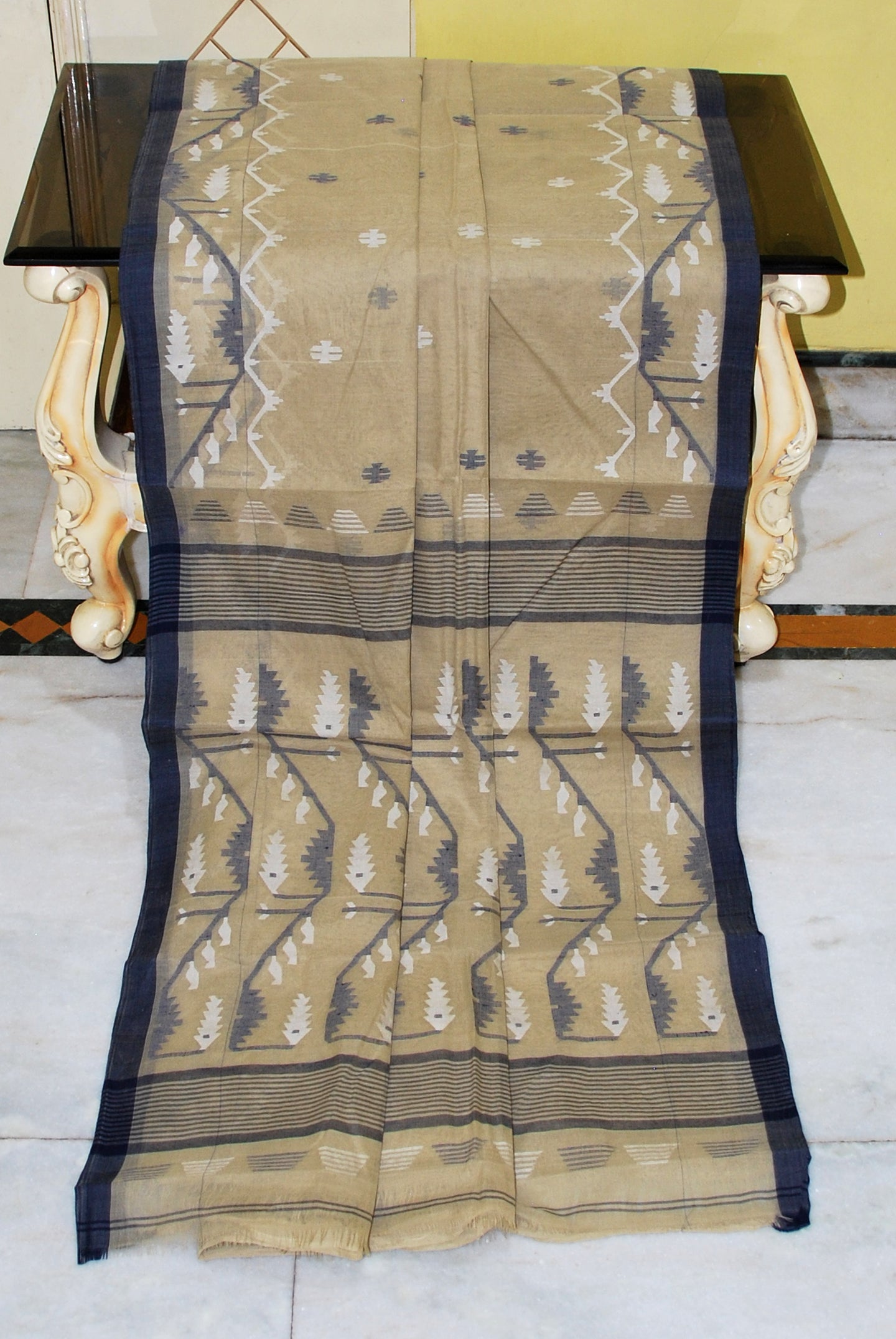 Hand Karat Needle Woven Work Pure Cotton Bengal Jamdani Saree in Beige and Off White with Black Selvage