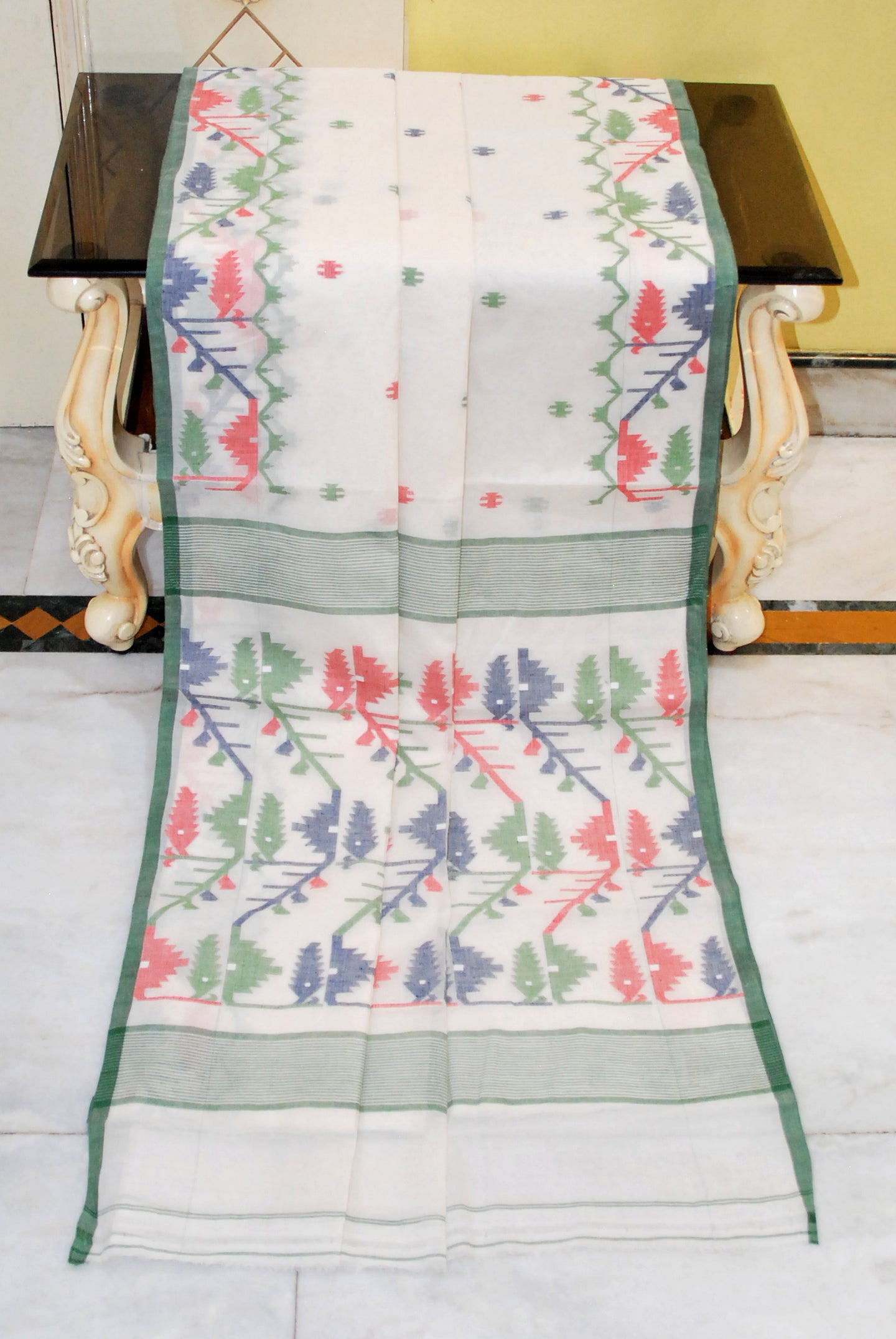 Hand Karat Needle Woven Work Pure Cotton Bengal Jamdani Saree in Off White, Dark Green, Red and Navy Blue