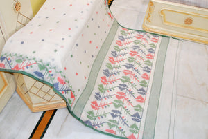 Hand Karat Needle Woven Work Pure Cotton Bengal Jamdani Saree in Off White, Dark Green, Red and Navy Blue