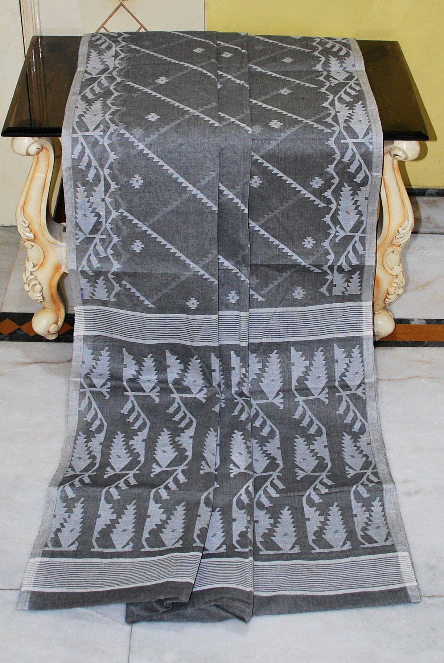 Traditional Handwoven Allover Needle Karat Work Cotton Dhakai Jamdani Saree in Charcoal Grey and Silver White Thread Work