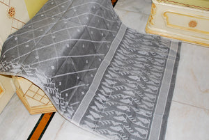 Traditional Handwoven Allover Needle Karat Work Cotton Dhakai Jamdani Saree in Charcoal Grey and Silver White Thread Work