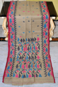 Hand Karat Needle Woven Work Pure Cotton Bengal Jamdani Saree in Ecru, Black, Hot Pink  and Blue