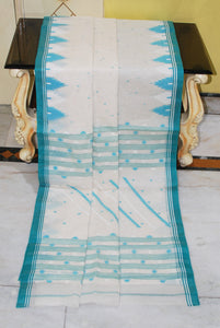 Crowned Temple Border Work Pure Cotton Bengal Jamdani Saree in Off White, Sea green and White