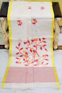 Hand Work Nakshi Butta Cotton Dhakai Jamdani Saree in Off White, Yellow, Hot Pink, Orange and Red