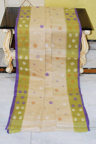 Hand Work Cotton Dhakai Jamdani Saree in Parmesan, Purple and Multicolored