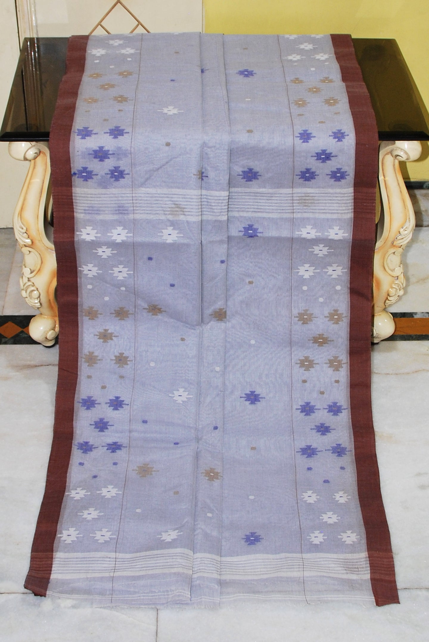 Poth Border Karat Woven Work Pure Cotton Jamdani Saree in Cool Grey, Brown and Multicolored Thread Work