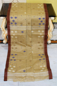 Poth Border Karat Woven Work Pure Cotton Jamdani Saree in Dark Beige, Brown and Multicolored Thread Work