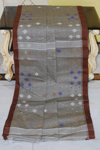 Poth Border Karat Woven Work Pure Cotton Jamdani Saree in Bark Brown, Chocolate Brown and Multicolored Thread Work