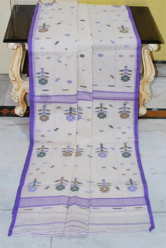 Traditional Hand Karat Work Cotton Jamdani Saree in Off White, Purple and Multicolored Thread Work