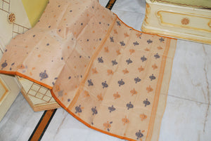 Traditional Hand Karat Work Cotton Jamdani Saree in Warm Beige, Brown and Black Thread Work