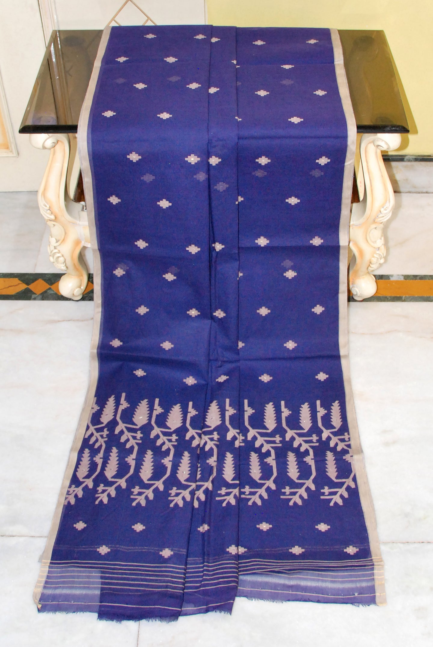 Traditional Needle Karat Work Poth Jamdani Saree in Indigo Blue and Beige