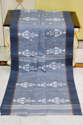 Hand Work Cotton Dhakai Jamdani Saree in Ash, Off White and Dark Grey